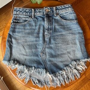 Free People: We The Free Washed Blue Distressed Denim Fringe Mini Skirt